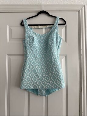 Vintage 1960s white and light blue diamond patterned one piece swimsuit